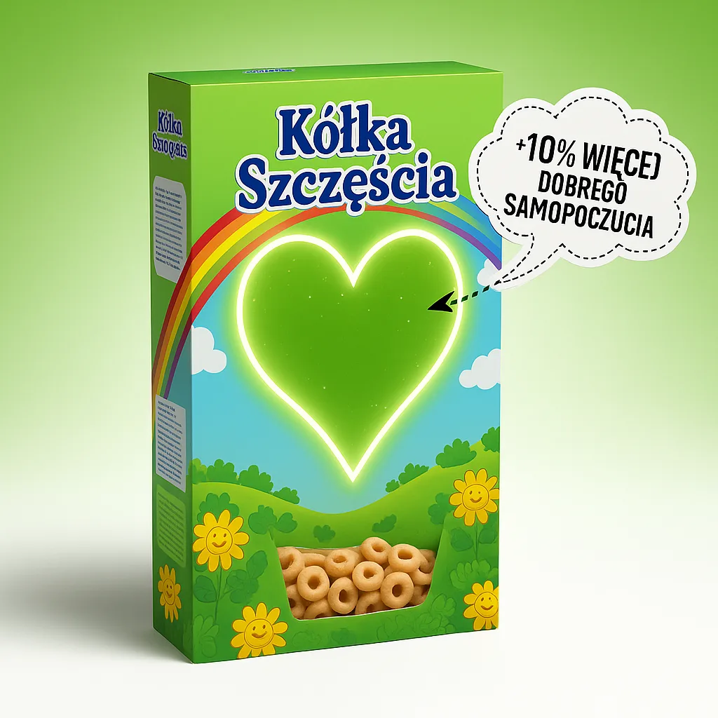 Opakowanie płatków śniadaniowych „Kółka Szczęścia” z tęczą i sercem w środku – ironiczna wizualizacja shrinkflacji jako czegoś pozytywnego.