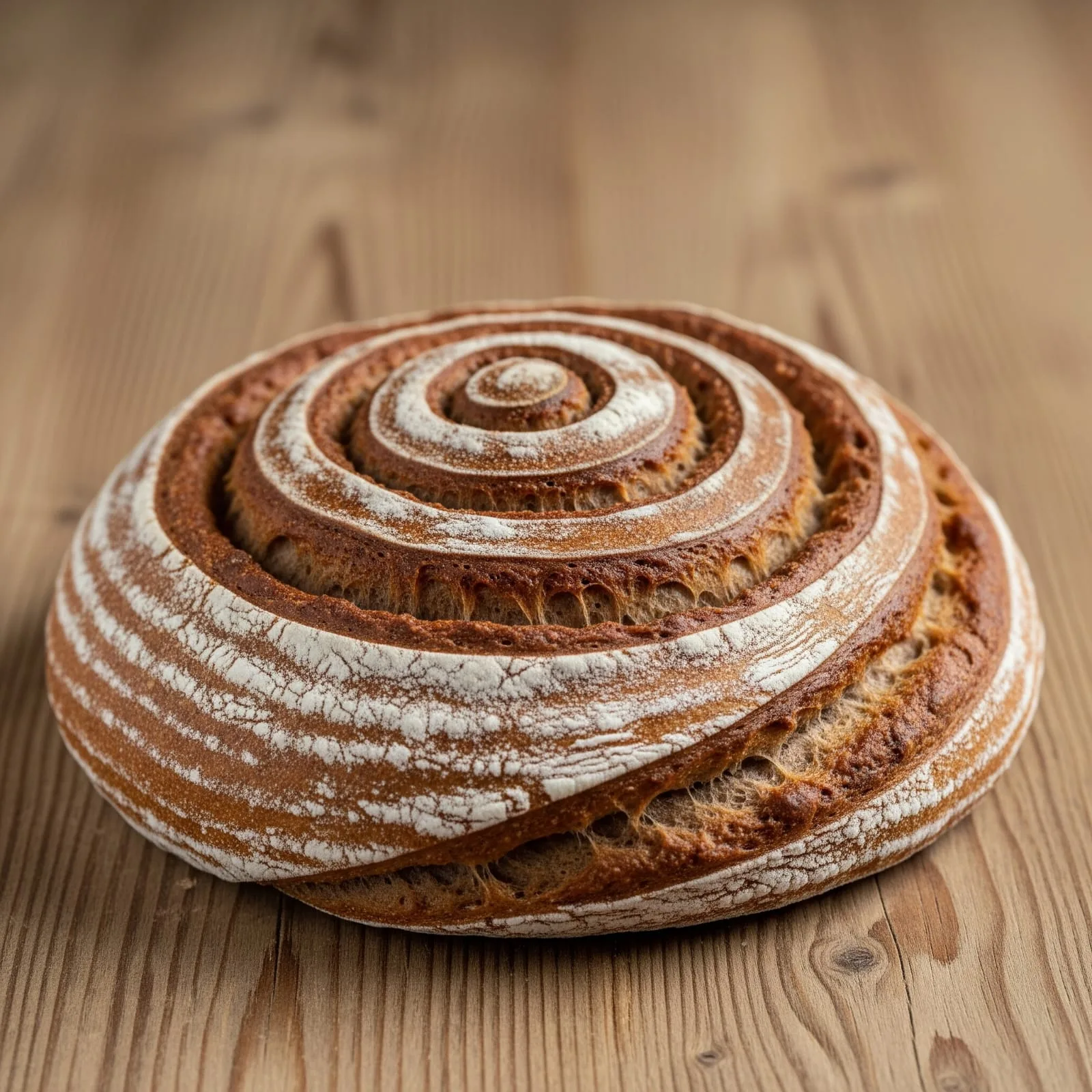 Chleb pełnoziarnisty z białkiem ślimaka o spiralnym wzorze na rustykalnym drewnianym stole