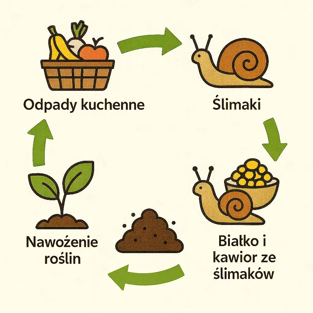 Infografika w stylu flat design przedstawia zrównoważony cykl hodowli ślimaków: odpady kuchenne → ślimaki → białko i kawior ze ślimaków → nawożenie roślin.