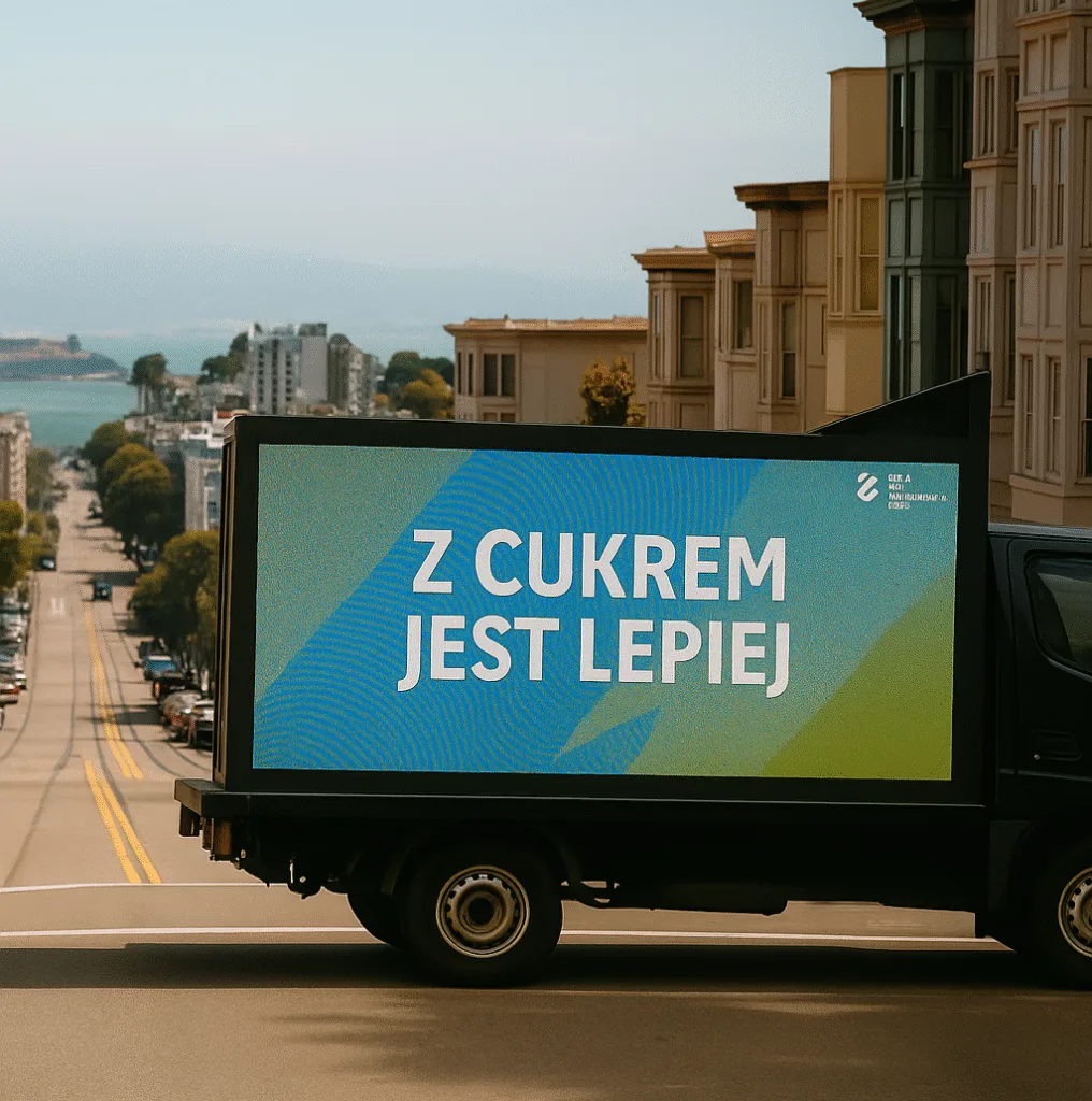 Ciężarówka reklamowa LED z hasłem „Zucker macht’s besser” na ulicy w San Francisco – kampania przemysłu cukrowniczego