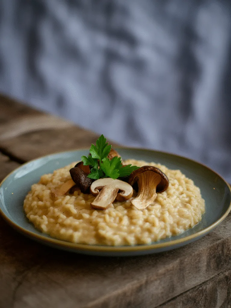 Kremowe risotto z grzybami i świeżymi ziołami na drewnianym stole